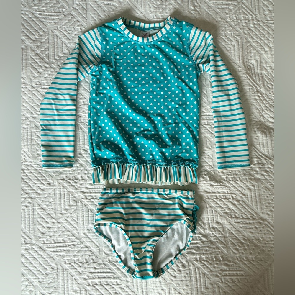 Ruffle Butts Teal Polka Dot & Stripe Long-Sleeve Rash Guard Two Piece Swimsuit